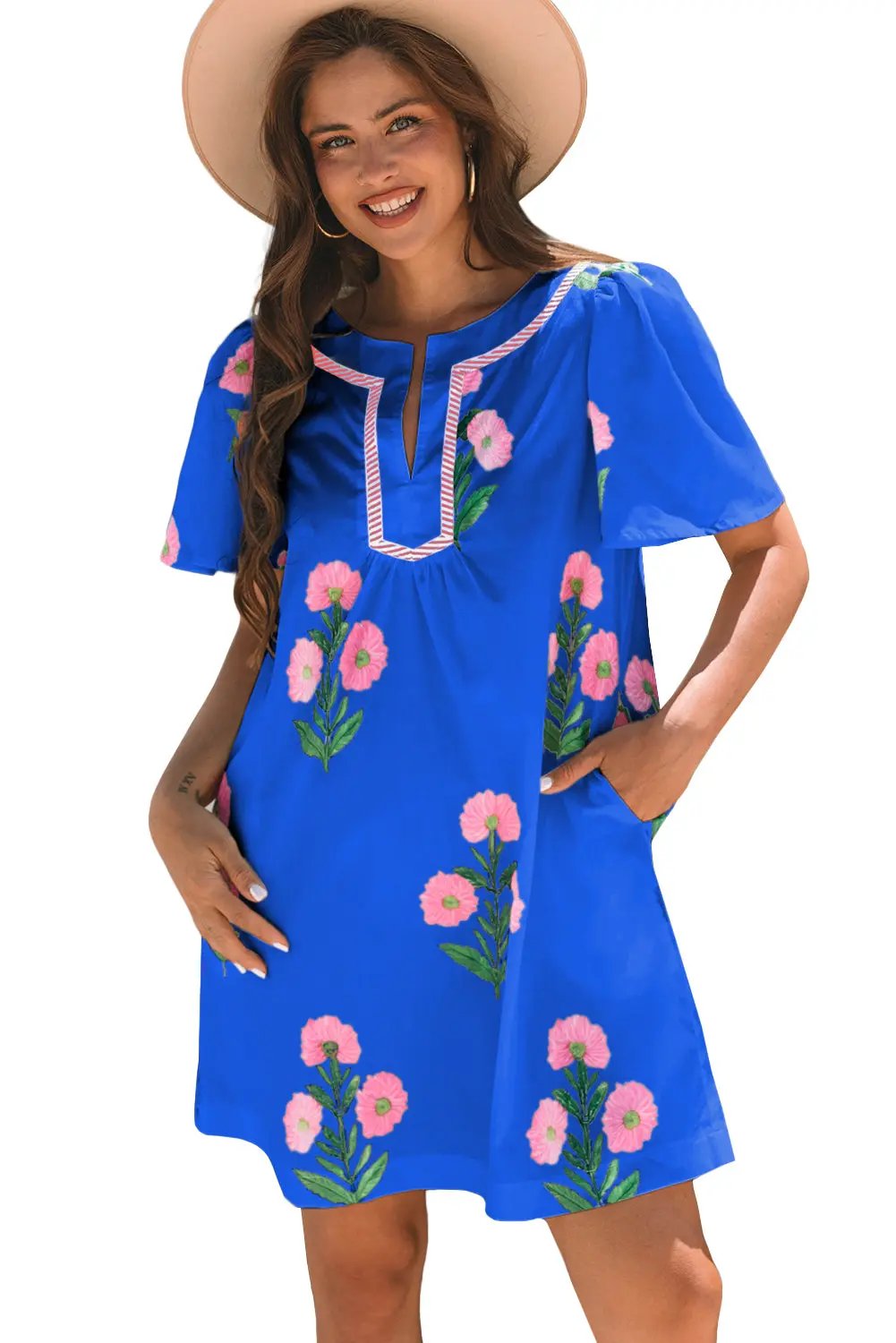 Blue Floral Short Sleeve Split Neck Loose Mini Dress - Love Salve